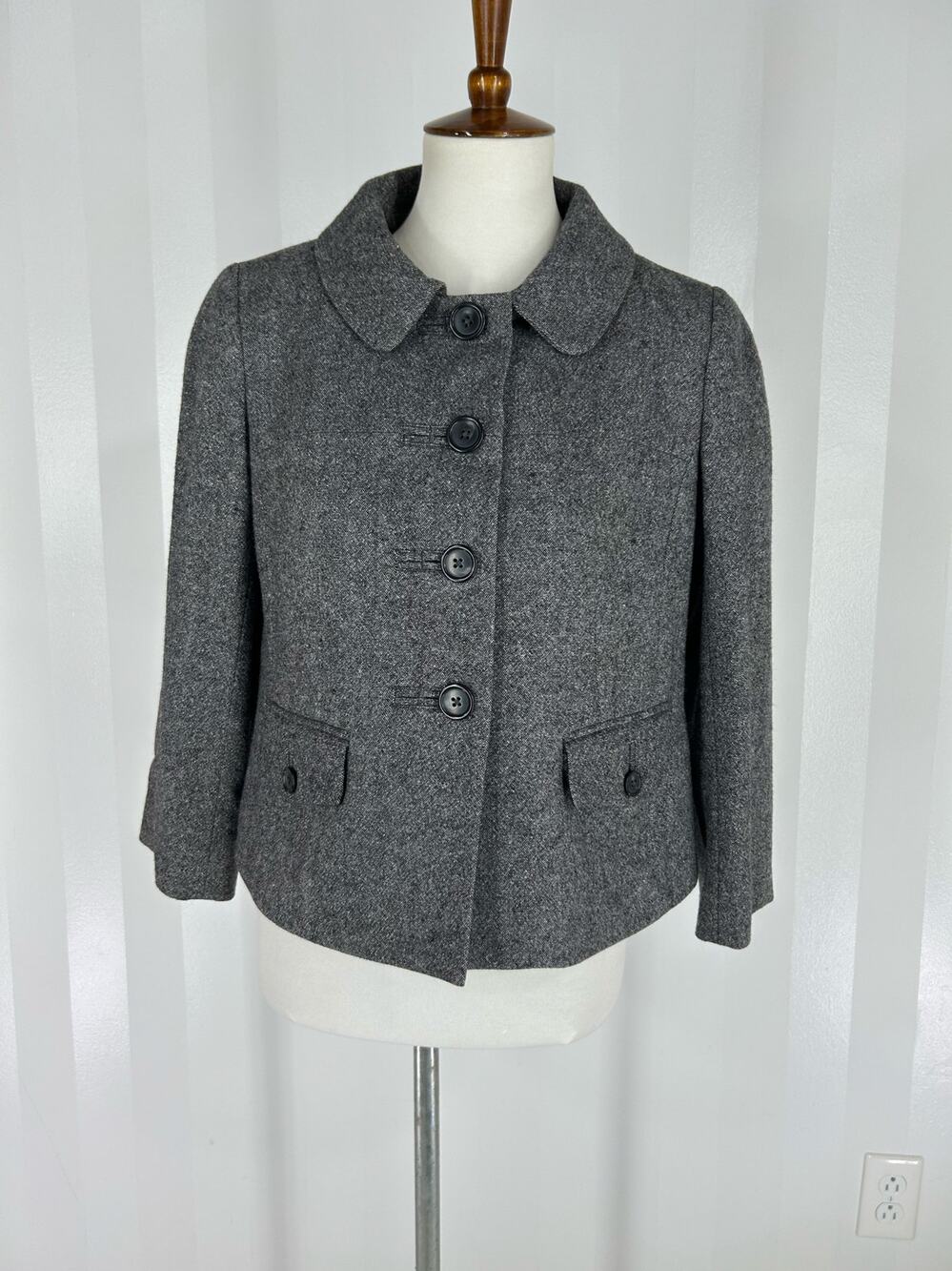 LOFT Gray Tweed Jacket Button Front Peter Pan Collar Career Blazer Sz 6